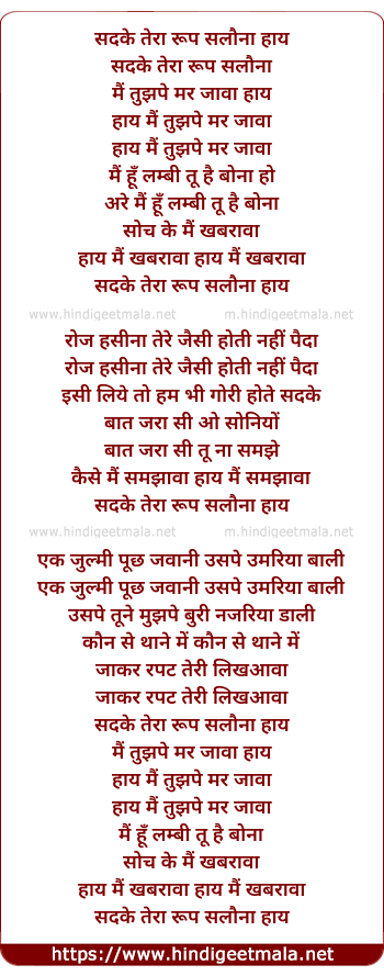 lyrics of song Sadke Tera Roop Salauna