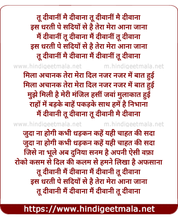 lyrics of song Tu Diwani Mai Diwana