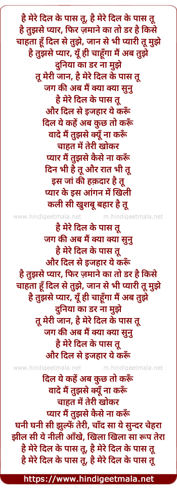 lyrics of song Hai Mere Dil Ke Pas Tu