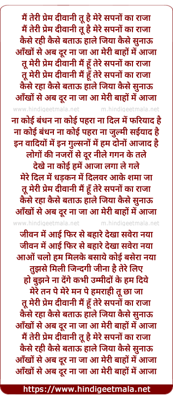 lyrics of song Mai Teri Prem Deewani Tu Hai Mere Sapano Ka Raja