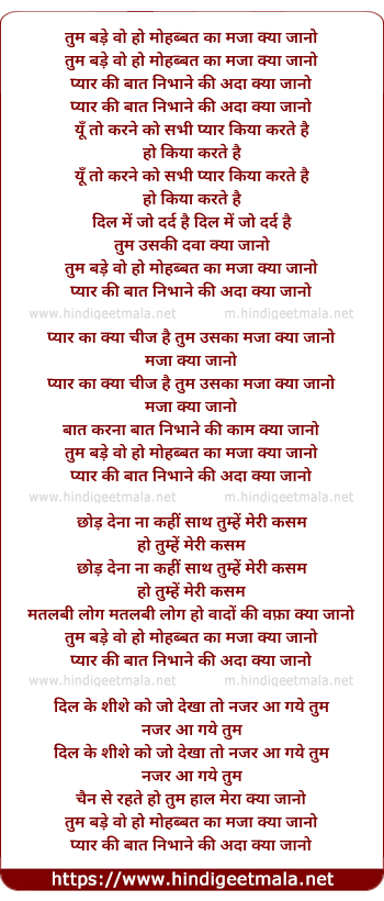 lyrics of song Tum Bade Wo Ho Mohabbat Ka Maza