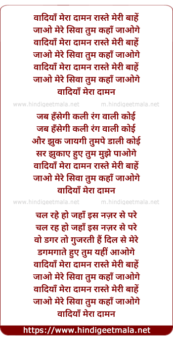 lyrics of song Wadiyan Mera Daman Raste Meri Baahe (Female)