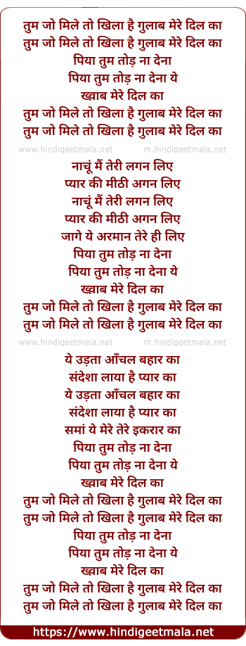 lyrics of song Tum Jo Mile To Khila Hai Gulab Mere Dil Ka