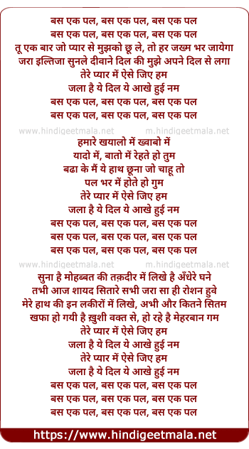 lyrics of song Bas Ek Pal (Remix)