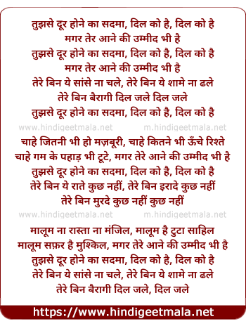 lyrics of song Tujhe Dur Hone Ka Sadma, Ummeed (Remix)