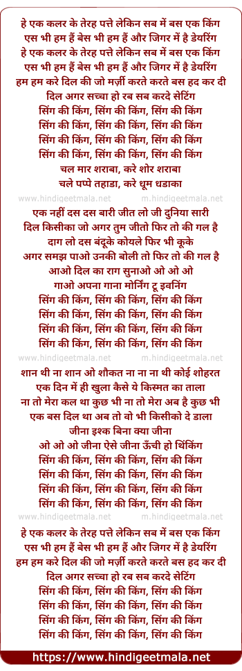 lyrics of song Bas Ek Kinng (Tygerstyle Mix)