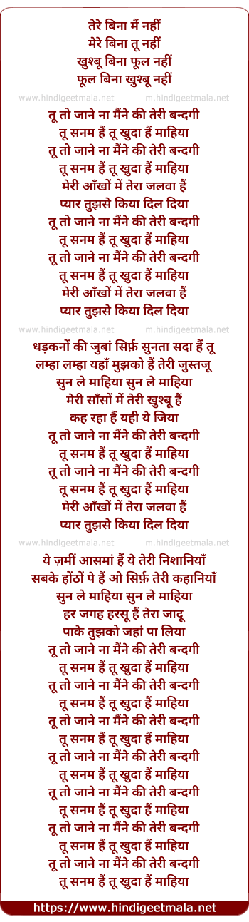 lyrics of song Tere Bina Mai Nahi (Mahiya)