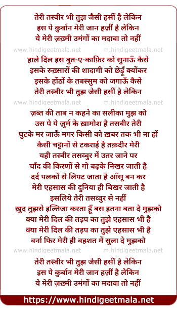 lyrics of song Teri Tasveer Bhi Tujh Jaisi