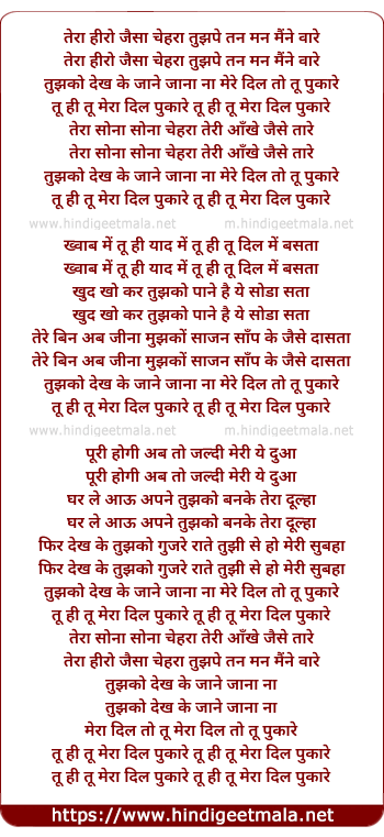 lyrics of song Tu Hi Tu Mera Dil Pukare