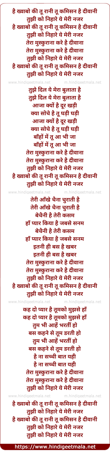 lyrics of song Hai Khwabo Ki Tu Rani