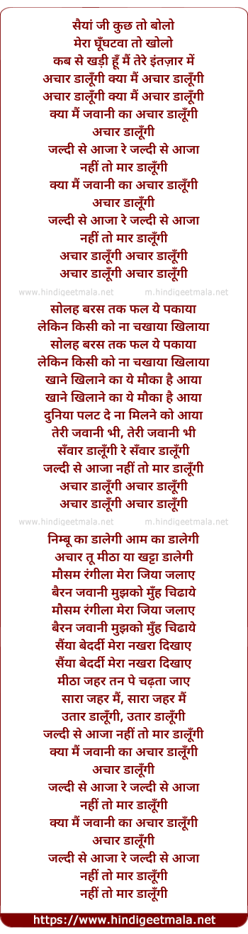 lyrics of song Jawani Ka Aachar Dalungi