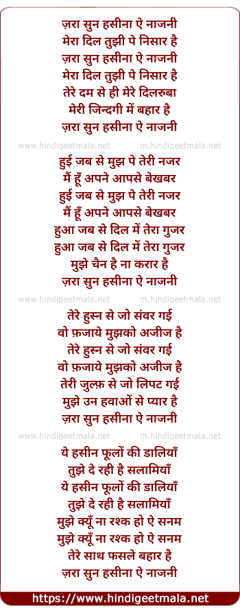 lyrics of song Zara Sun To Lo Hasina