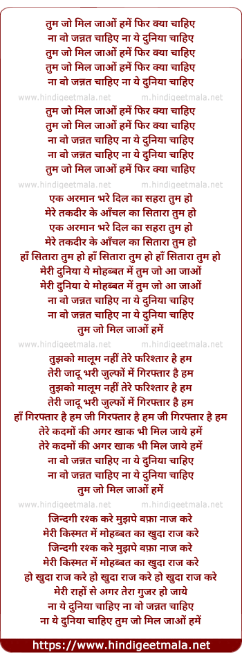 lyrics of song Tum Jo Mil Jao Phir Hame