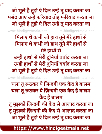 lyrics of song Jo Bhule Hai Tujhe Ae Dil Unhe Tu Yaad Karta Ja