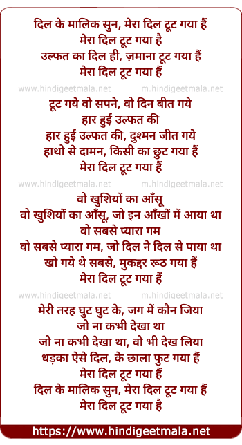 lyrics of song Dil Ke Malik Sun Mera Dil Tut Gaya Hai