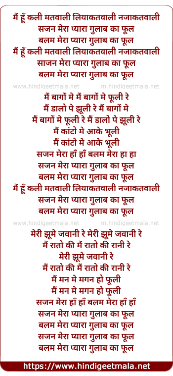 lyrics of song Mai Hu Kali Matwaali