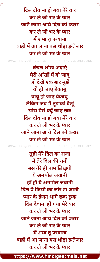 lyrics of song Dil Deewana Ho Gaya