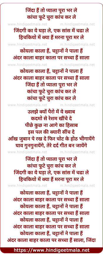 lyrics of song Zinda Hai To Pyala Pura Bhar Le