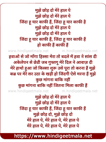 lyrics of song Zinda Hoon Yaar Kafi Hai