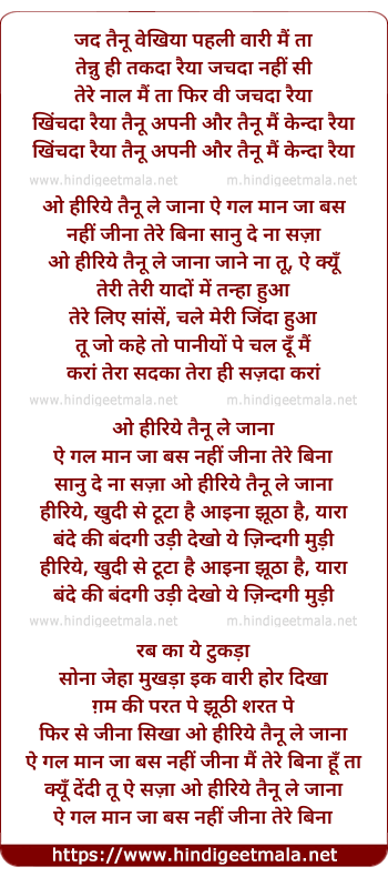 lyrics of song O Heeriye Tenu Le Jaana (Remix)