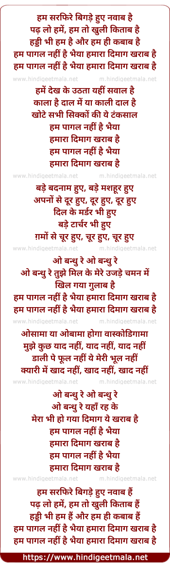 lyrics of song Hum Pagal Nahi Hai