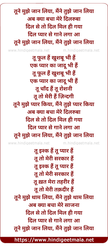 lyrics of song Maine Tujhe Jaan Liya - Duet