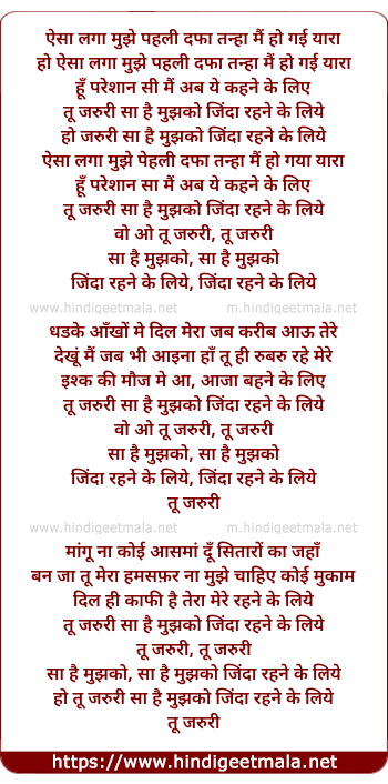 lyrics of song Tu Zaroori