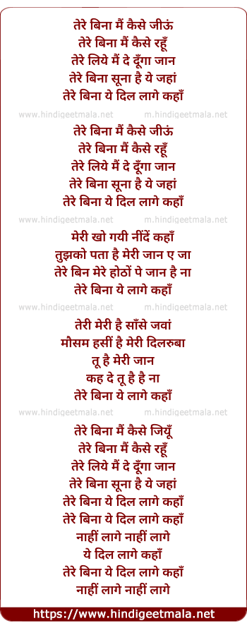 lyrics of song Tere Bina