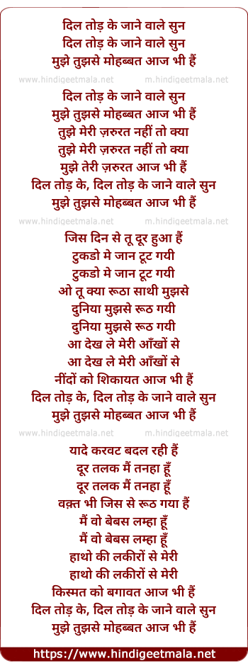 lyrics of song Dil Tod Ke Jaane Waale Sun