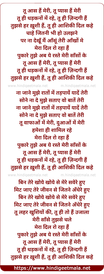 lyrics of song Tu Aas Hai Meri