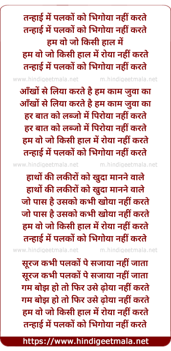 lyrics of song Tanhayi Mein