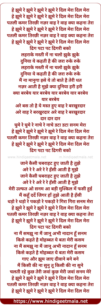lyrics of song He Jhoome Re Jhoome Re Jhoome Re