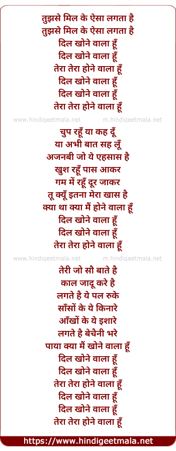 lyrics of song Tujhse Mil Ke Aisa Lagta Hai (Dil Khone Wala Hoon)