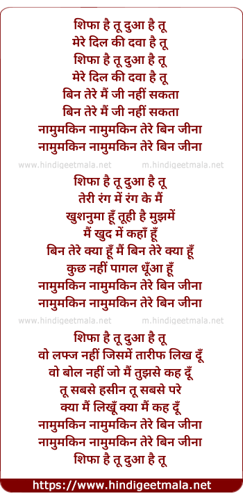 lyrics of song Shifa Hai Tu Dua Hai Tu (Namumkin Tere Bin Jeena)